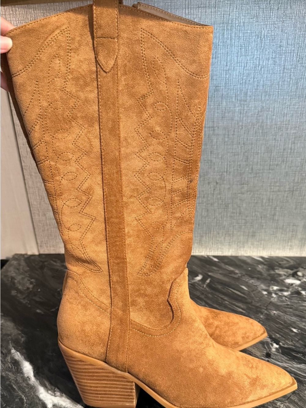 Suede Western Knee-High Boots in Tan